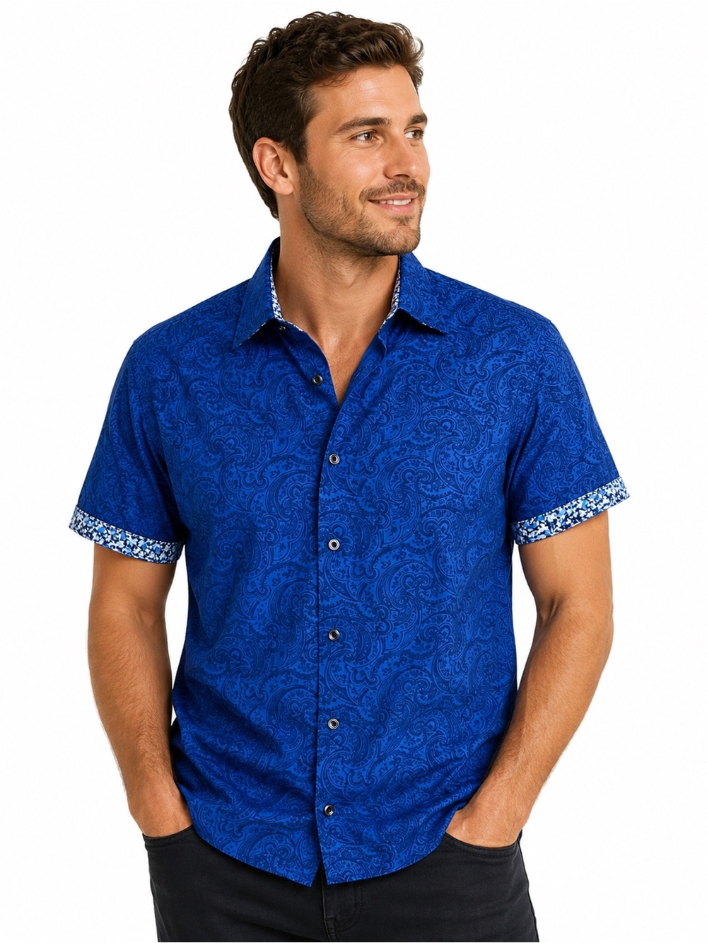Robert Graham Men's Short Sleeve Shirt Blue Paisley Classic Fit Medium
